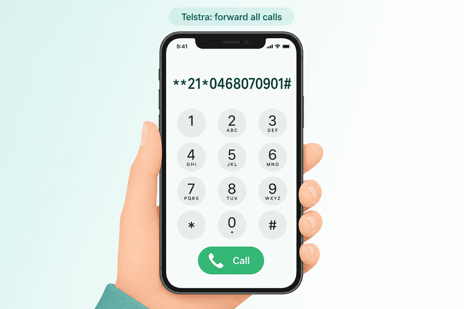 A smartphone dialler showing the Telstra always-forward star-code **21*0468070901# typed in, ready to be dialled.