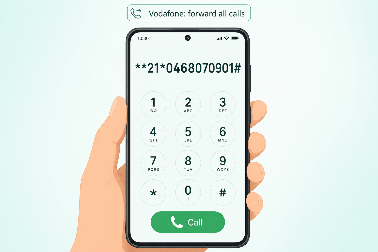 A smartphone dialler showing the Vodafone always-forward star-code **21*0468070901# typed in, ready to be dialled.