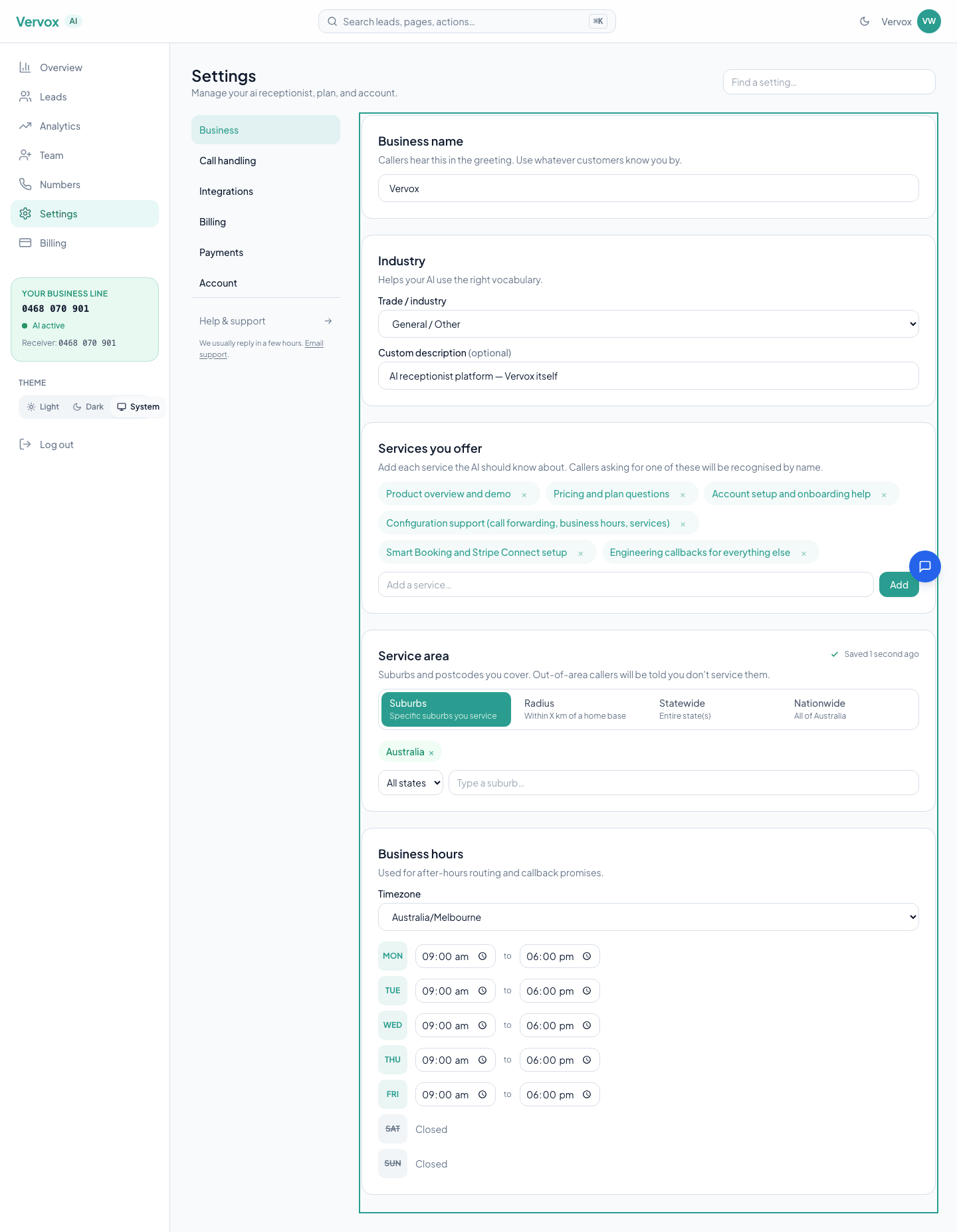 Vervox dashboard Settings → Business page, showing fields for business name, industry, services chip-list, service area editor, and weekly business hours grid with timezone selector.