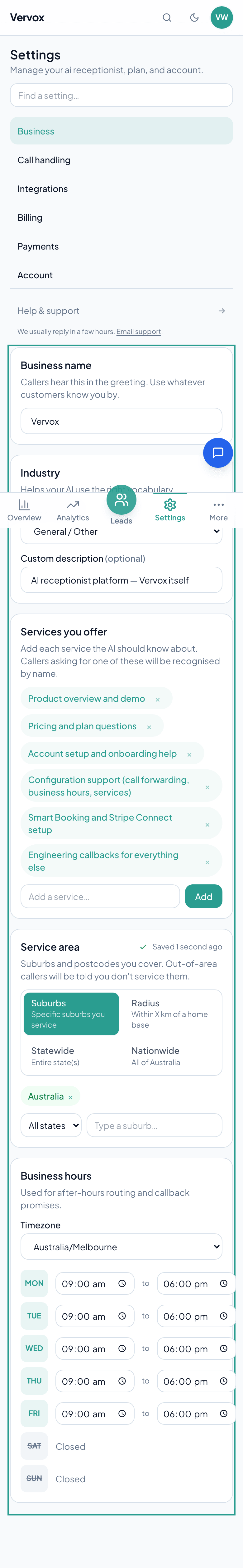 Vervox dashboard Settings → Business page, showing fields for business name, industry, services chip-list, service area editor, and weekly business hours grid with timezone selector.