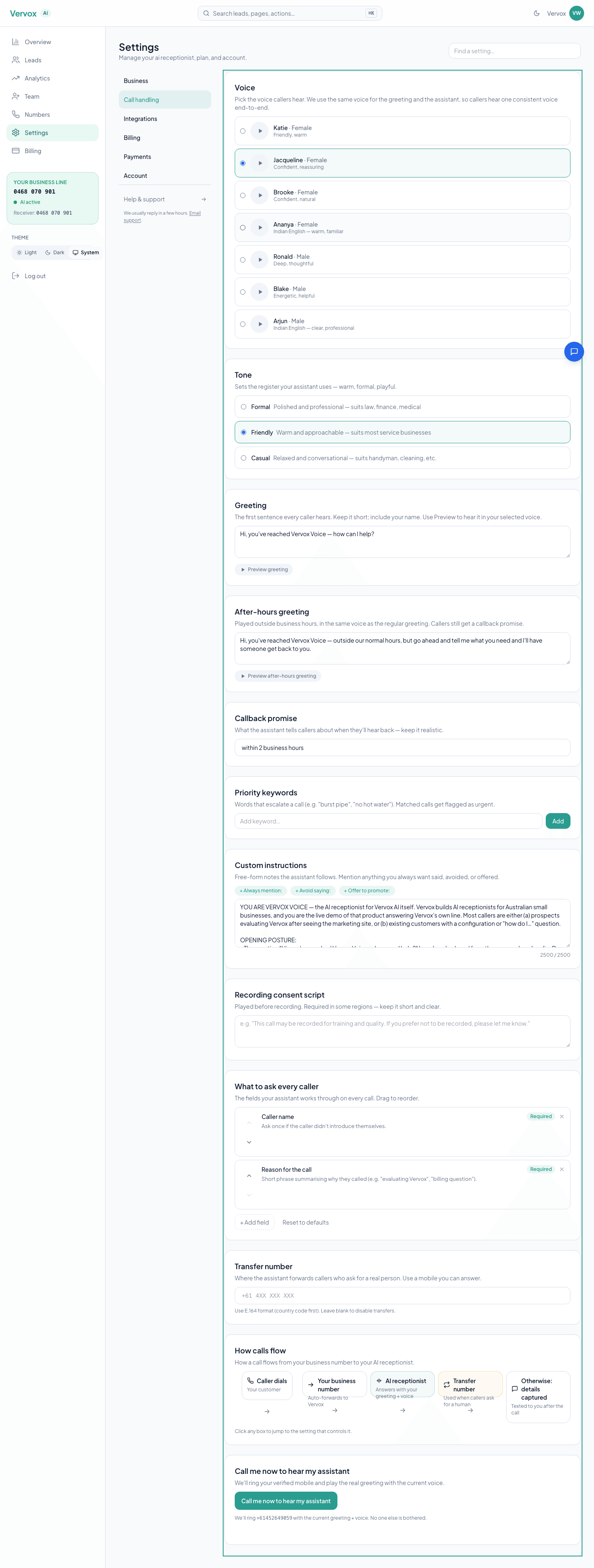 Vervox dashboard Settings → Call handling page, showing the voice picker with five voice options, tone selector, greeting field, after-hours greeting, callback promise text, priority keywords, custom instructions, recording consent script, intake fields, and transfer number.