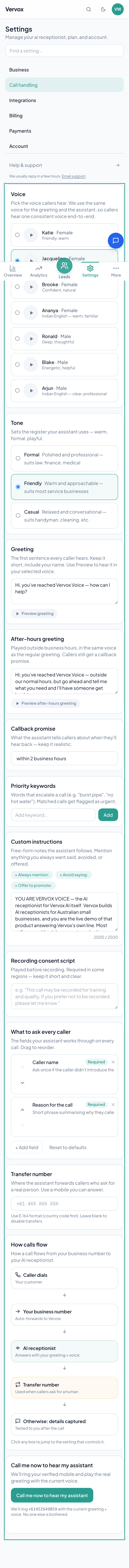 Vervox dashboard Settings → Call handling page, showing the voice picker with five voice options, tone selector, greeting field, after-hours greeting, callback promise text, priority keywords, custom instructions, recording consent script, intake fields, and transfer number.