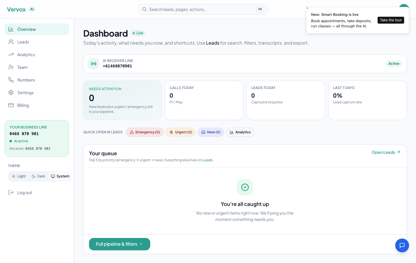 Vervox dashboard home page showing call statistics, recent leads, and a real-time activity feed.