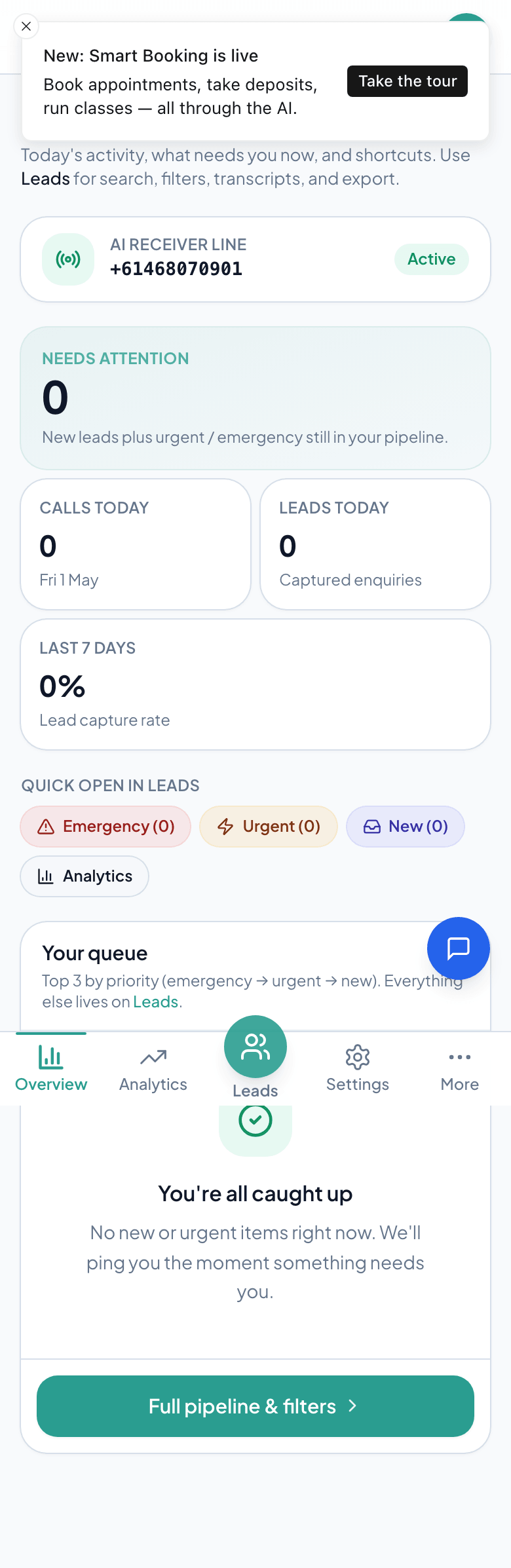 Vervox dashboard home page showing call statistics, recent leads, and a real-time activity feed.