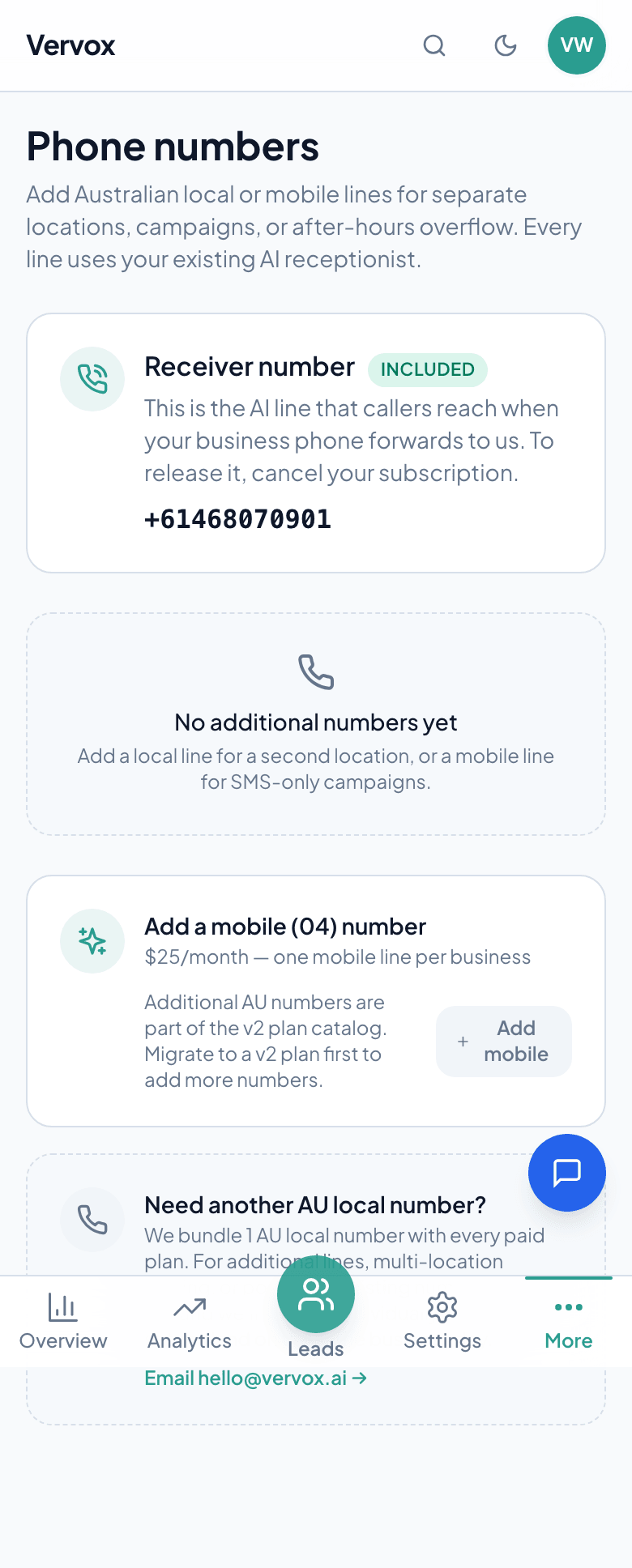 The Numbers page in the Vervox dashboard, showing the assigned Australian phone number with copy-to-clipboard and divert-instructions buttons.